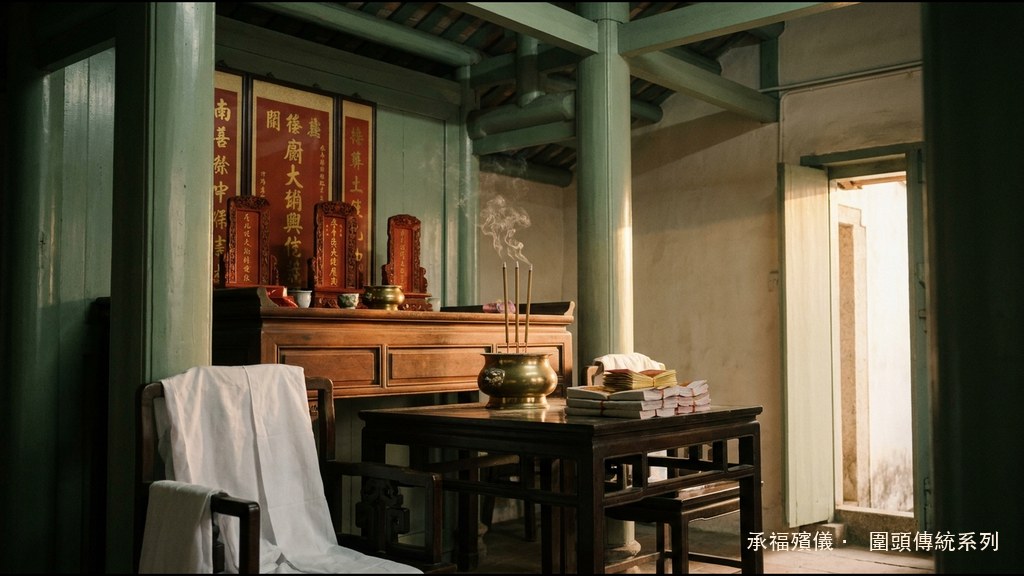 圍頭傳統喪禮場景：祠堂內部，紅色楹聯與祖先靈位、銅香爐升起香煙、白色麻衣孝服置於椅上、午後金光由側門照入