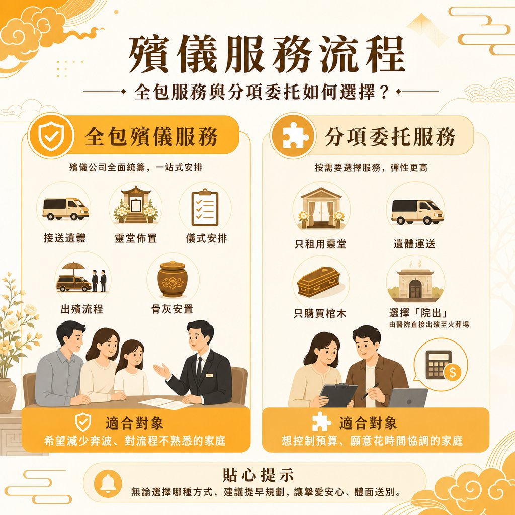 all-inclusive-vs-a-la-carte-funeral-services 一幅金色中式古典風格的對比資訊圖表,主標題為「殯儀服務流程:全包服務與分項委託如何選擇?」。圖表分為左右兩大板塊:左側為「全包殯儀服務」,標註「殯儀公司全面統籌,一站式安排」,包含接送遺體、靈堂佈置、儀式安排、出殯流程、骨灰安置等五個圓形圖示,下方插圖為殯儀顧問與一家三口開會討論,並註明適合對象為「希望減少奔波、對流程不熟悉的家庭」;右側為「分項委託服務」,標註「按需要選擇服務,彈性更高」,包含只租用靈堂、遺體運送、只購買棺木、選擇「院出」(由醫院直接出殯至火葬場)等四個圓形圖示,下方插圖為男女主人自行看著筆電與計算機規劃預算,並註明適合對象為「想控制預算、願意花時間協調的家庭」。