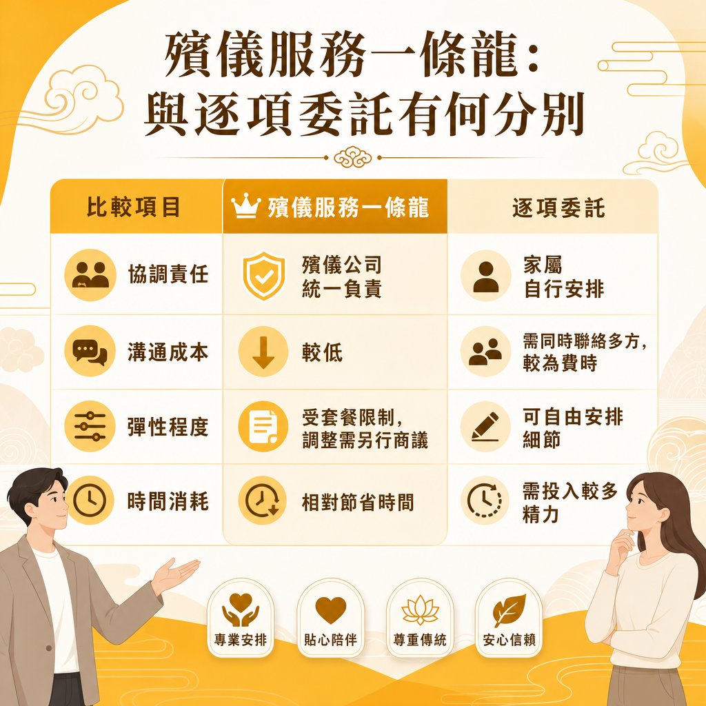 funeral-service-package-vs-individual-booking 一張以黃白色調為主的殯儀服務教學圖表,主標題為「殯儀服務一條龍:與逐項委託有何分別」。圖表中央為一個三欄對比表格,從左至右分別為「比較項目」、「殯儀服務一條龍」及「逐項委託」:協調責任、溝通成本、彈性程度、時間消耗。