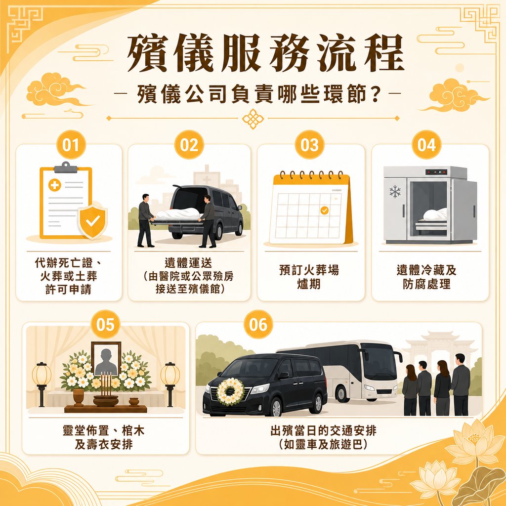 funeral-service-stages-infographic 一幅以金色為基調的殯儀服務流程資訊圖表,標題為「殯儀服務流程-殯儀公司負責哪些環節?」。圖中以 01 至 06 的數字卡片,詳細列出六大服務步驟,並搭配插圖說明:01 代辦死亡證、火葬或土葬許可申請(圖為文件與盾牌標誌);02 遺體運送,由醫院或公眾殮房接送至殯儀館(圖為兩人將遺體抬上運送車);03 預訂火葬場爐期(圖為日曆);04 遺體冷藏及防腐處理(圖為冰櫃);05 靈堂佈置、棺木及壽衣安排(圖為靈堂與相框布置);06 出殯當日的交通安排如靈車及旅遊巴(圖為黑色的花車與白色旅遊巴,以及四位穿黑衣的身影)。