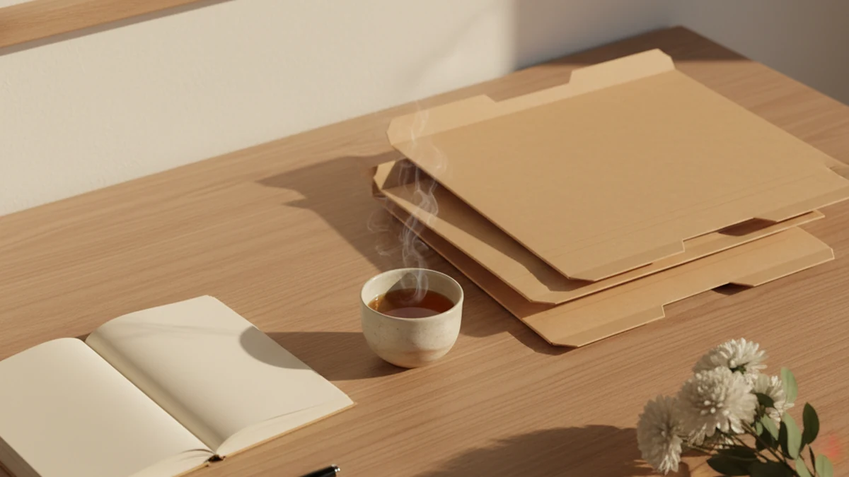 殯儀常見問題場景示意圖：木桌上的文件夾、筆記本與一杯茶，象徵冷靜整理問題、逐項核對答案
