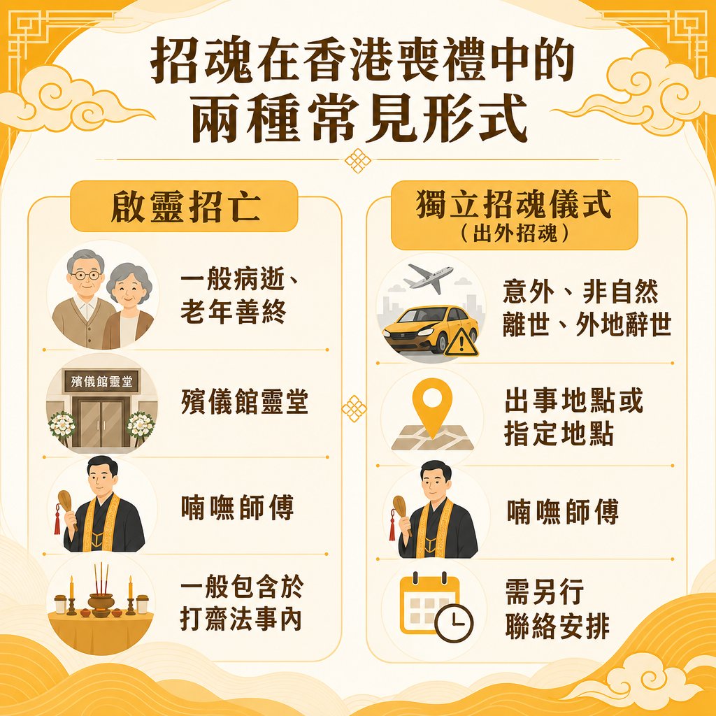 glory-funeral-hong-kong-zhaohun-two-forms 介紹香港喪禮中「啟靈招亡」(適用於一般善終、於靈堂內舉行並包含在打齋法事中)與「獨立招魂儀式 / 出外招魂」(適用於意外或非自然離世、於出事地點舉行並需另行安排)兩種形式的區別。