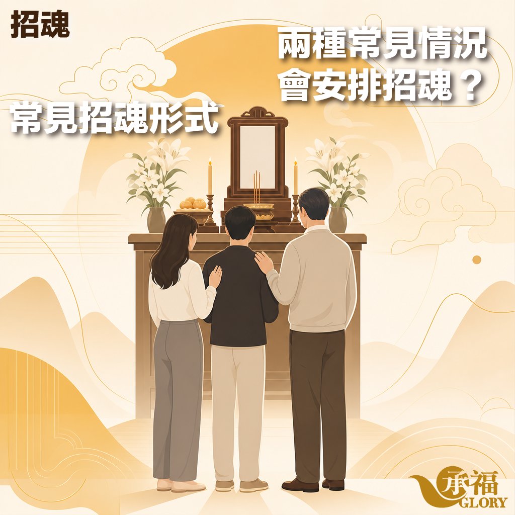 承福 GLORY 殯儀知識插畫：三位家屬面向中式祭壇，圖片文字為「招魂」、「常見招魂形式」與「兩種常見情況會安排招魂？」。