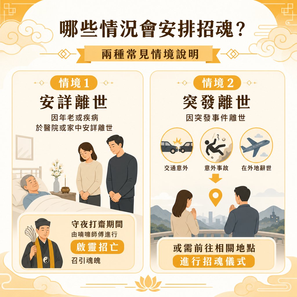 glory-funeral-when-to-arrange-zhaohun-scenarios 承福生命禮儀資訊圖表,解說安排招魂的兩種情境:情境一為「安詳離世」,於守夜打齋期間由喃嘸師傅進行啟靈招亡;情境二為「突發離世」(如交通意外、外地辭世等),家屬或需前往出事相關地點進行招魂儀式。