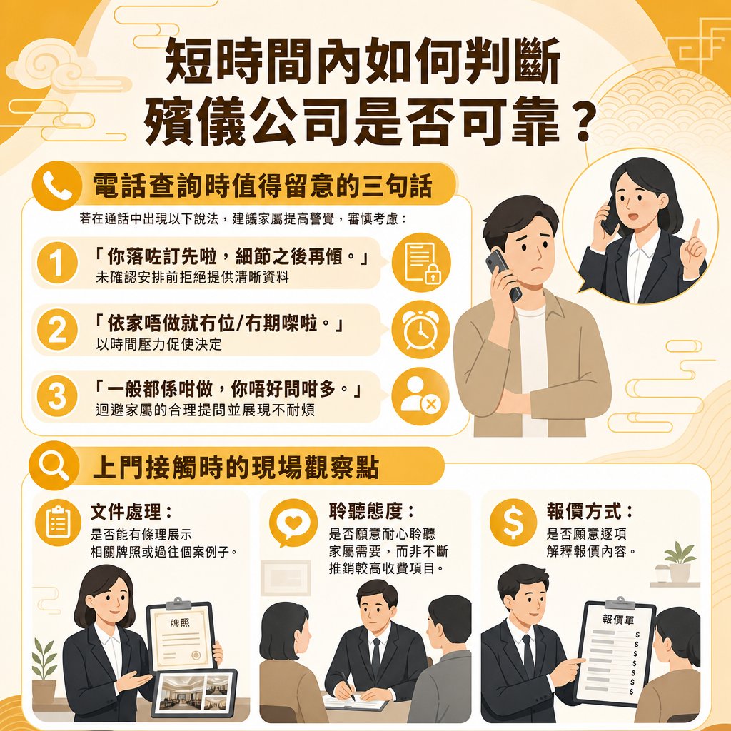 how-to-spot-unreliable-funeral-parlour-scams 一張以黃白色調為主的殯儀服務教學圖卡,主標題為「短時間內如何判斷殯儀公司是否可靠?」。圖卡分為上下兩部分: 上半部分標題為「電話查詢時值得留意的三句話」,副標題提示若在通話中出現以下說法,建議家屬提高警覺,右側配有男士面帶愁容講電話,以及女性顧問在電話另一端催促的插圖:「你落咗訂先啦,細節之後再傾。」、「依家唔做就冇位/冇期㗎啦。」、「一般都係咁做,你唔好問咁多。」下半部分標題為「上門接觸時的現場觀察點」,分為三個項目及對應插圖:「文件處理」、「聆聽態度」、「聆聽態度」。