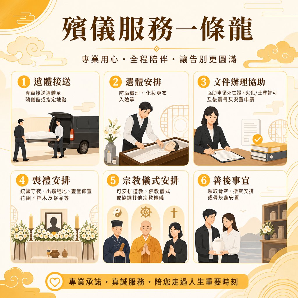 one-stop-funeral-service-6-steps-flowchart 一張以溫暖黃色調為主的殯儀知識圖卡,主標題為「殯儀服務一條龍」,副標題為「專業用心・全程陪伴・讓告別更圓滿」。圖卡中央以數字 1 至 6 詳細列出六大服務環節及對應插圖:1 遺體接送、2 遺體安排、3 文件辦理協助、4 喪禮安排、5 宗教儀式安排、6 善後事宜。