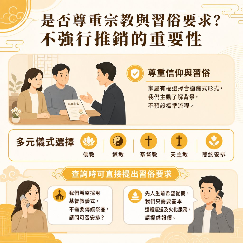 religious-funeral-rituals-and-customs-selection 一張以溫暖黃色調為主的殯儀服務教學圖卡,主標題為「是否尊重宗教與習俗要求?不強行推銷的重要性」。圖卡分為上中下三部分:上半部分: 左側插圖顯示一對年輕男女家屬坐在桌前,正聽取男性殯儀顧問解說手中的「服務方案」手冊。右側帶有打勾盾牌符號,標註「尊重信仰與習俗」,並說明家屬有權選擇合適儀式形式,服務商會主動了解背景而不預設標準流程。中間部分: 標題為「多元儀式選擇」,由左至右以圓形圖示列出五種儀式:佛教(蓮花)、道教(太極八卦)、基督教(拉丁十字架)、天主教(耶路撒冷十字架)、簡約安排(花朵)。下半部分: 標題為「查詢時可直接提出習俗要求」。左側為女性家屬講電話插圖,對話框文字為:「我們希望採用基督教儀式,不需要傳統祭品,請問可否安排?」;右側為男性家屬講電話插圖,對話框文字為:「先人生前希望從簡,我們只需要基本遺體運送及火化服務,請提供報價。」