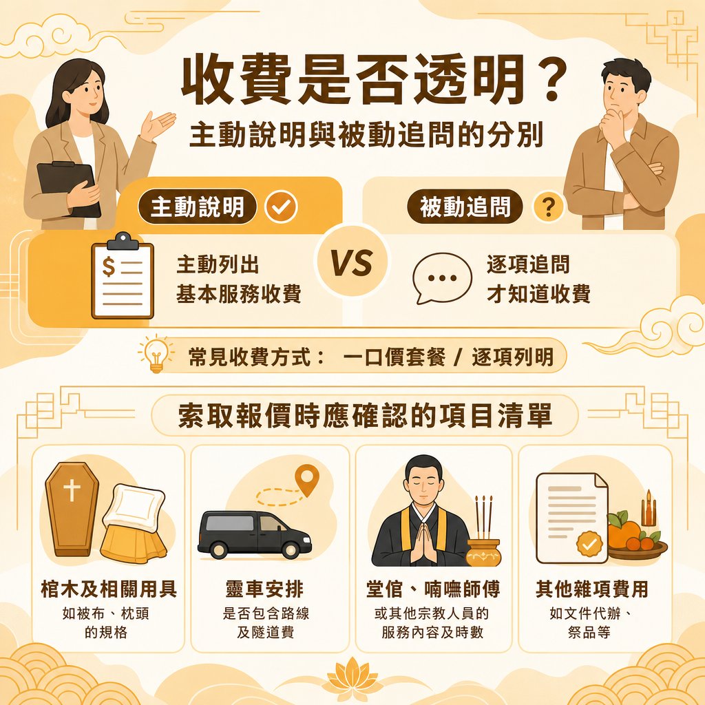transparent-funeral-costs-vs-hidden-fees 上半部分左右對比「主動說明」與「被動追問」的分別。左側插圖為女性顧問拿著寫字夾板做出引導手勢,標註「主動說明」並配有打勾符號,說明其會主動列出基本服務收費(配有金錢符號清單圖示);右側插圖為男士托著下巴陷入思考,標註「被動追問」並配有問號符號,說明其需要逐項追問才知道收費(配有對話框圖示)。中間分隔橫條列出「常見收費方式:一口價套餐 / 逐項列明」。下半部分標題為「索取報價時應確認的項目清單」,由左至右列出四個確認核心:「棺木及相關用具」、「靈車安排」、「堂館、喃嘸師傅」「其他雜項費用」。