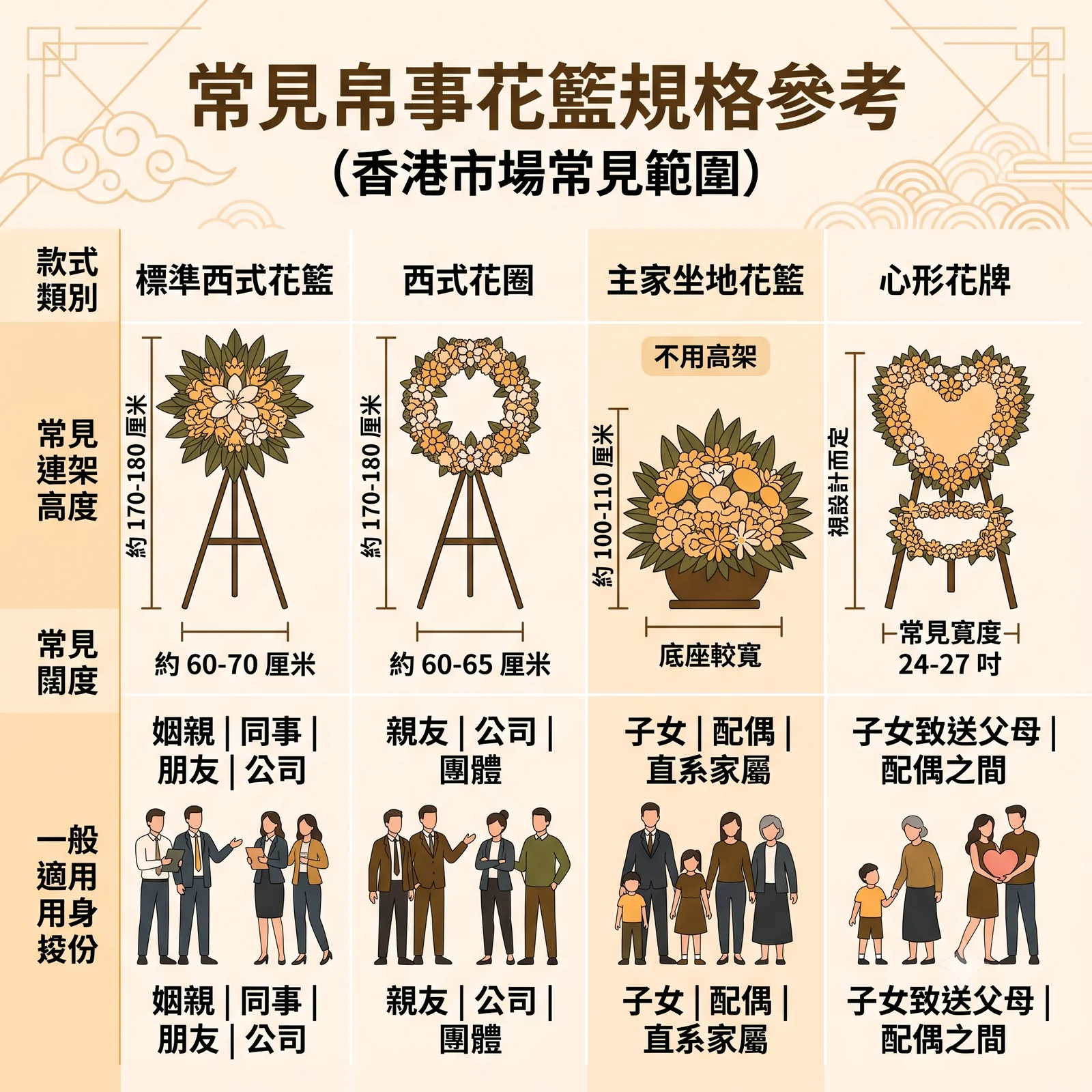 香港常見弔事花籃規格參考對照圖表，比較四種款式：1. 標準西式花籃：連架高度約 170-180 厘米，寬度約 60-70 厘米，適用於姻親、同事、朋友及公司；2. 西式花圈：連架高度約 170-180 厘米，寬度約 60-65 厘米，適用於親友、公司及團體；3. 主家坐地花籃：不用高架、底座較寬，高度約 100-110 厘米，適用於子女、配偶及直系家屬；4. 心形花牌：高度視設計而定，常見寬度 24-27 吋，適用於子女致送父母或配偶之間。