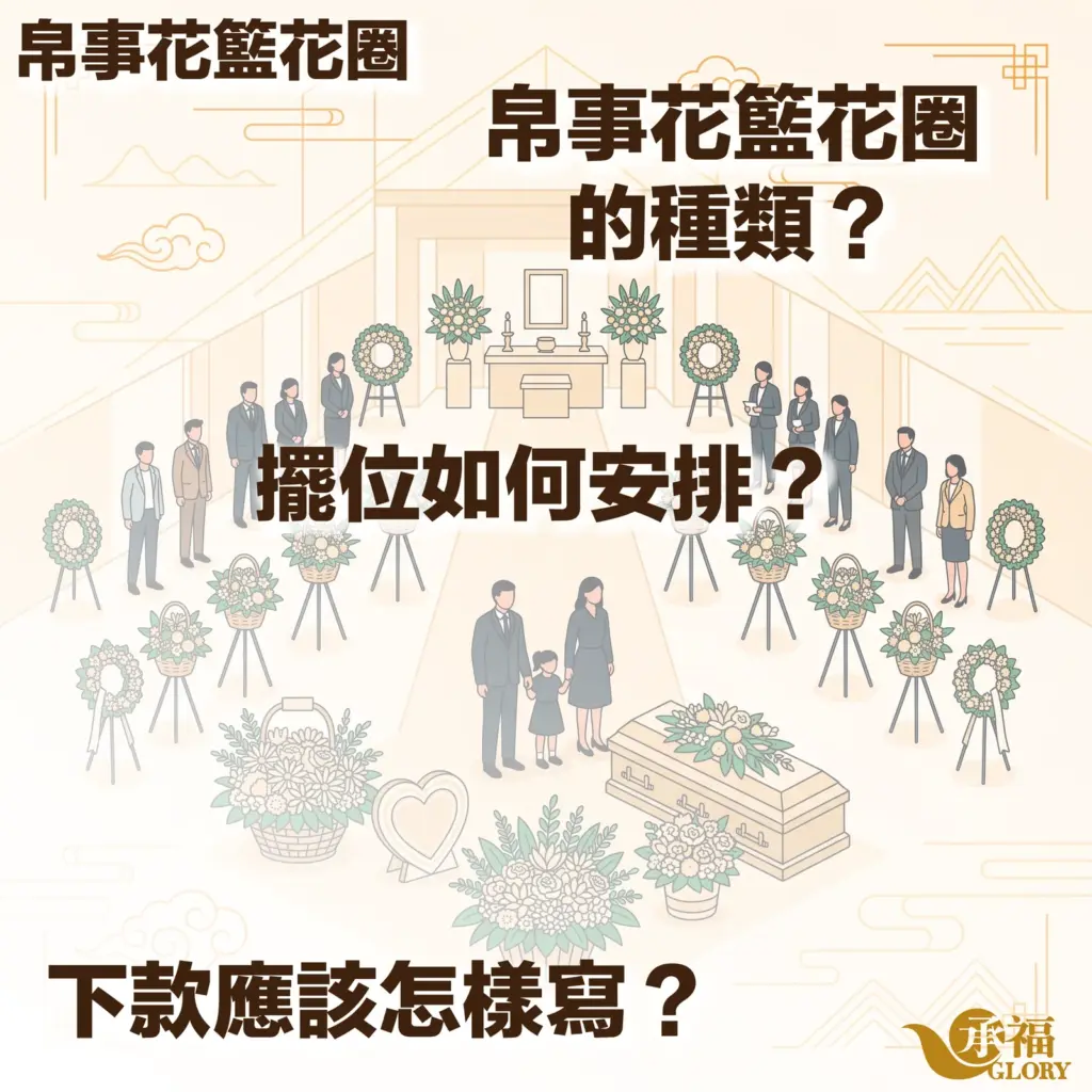 承福 GLORY 弔事花籃花圈指南封面圖，以靈堂與告別式場景插圖為背景，展示各種花圈、花籃擺設與弔唁親友，主要提出三個常見問題：弔事花籃花圈的種類？擺位如何安排？下款應該怎樣寫？