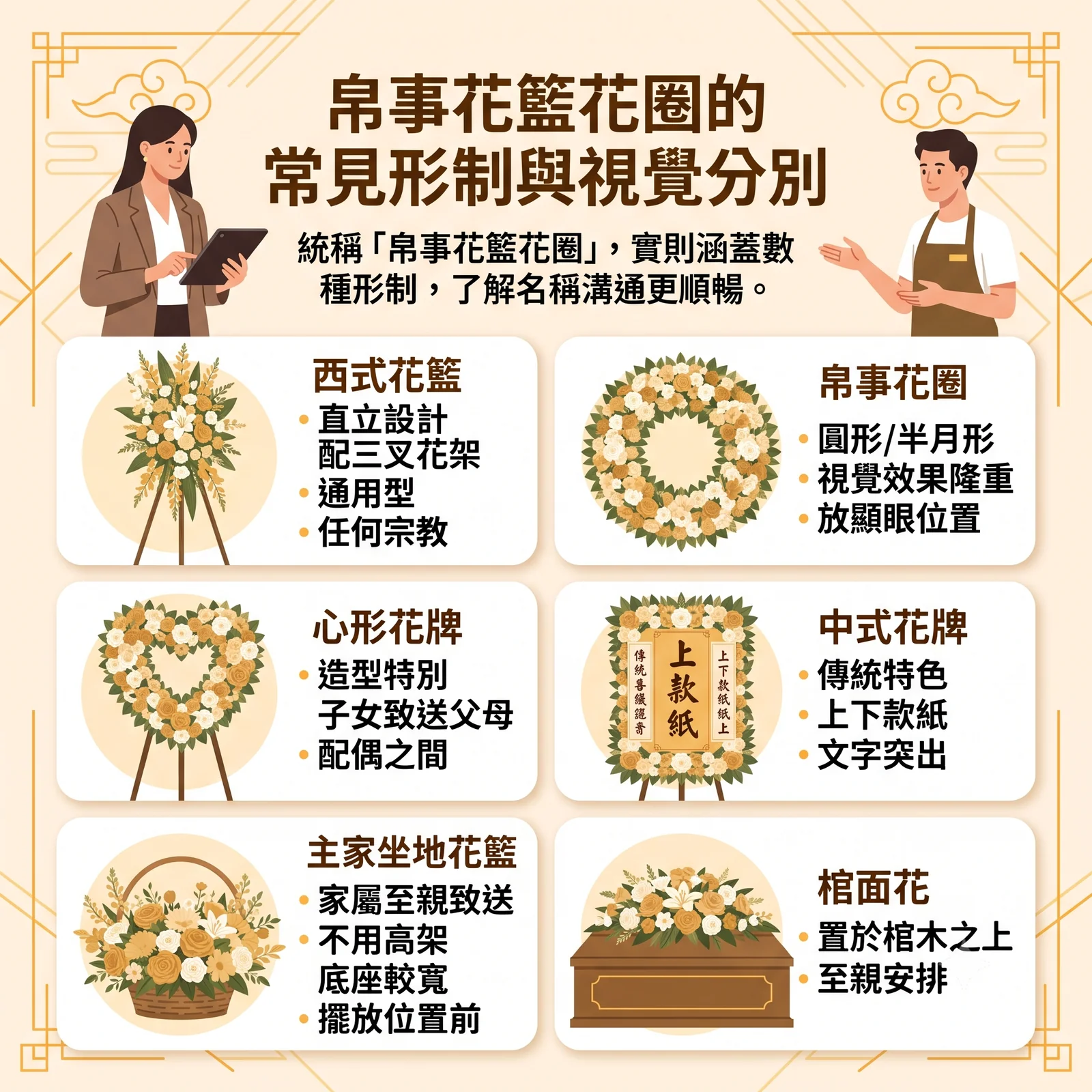 弔事花籃花圈常見形制與視覺分別圖解，包含 6 種常見款式：1. 西式花籃（直立設計配三叉花架、通用型、適用任何宗教）；2. 弔事花圈（圓形/半月形、視覺效果隆重、放顯眼位置）；3. 心形花牌（造型特別、適合子女致送父母或配偶之間）；4. 中式花牌（具傳統特色、含上下款紙、文字突出）；5. 主家坐地花籃（家屬至親致送、不用高架、底座較寬、擺放位置較前）；6. 棺面花（置於棺木之上、由至親安排）。