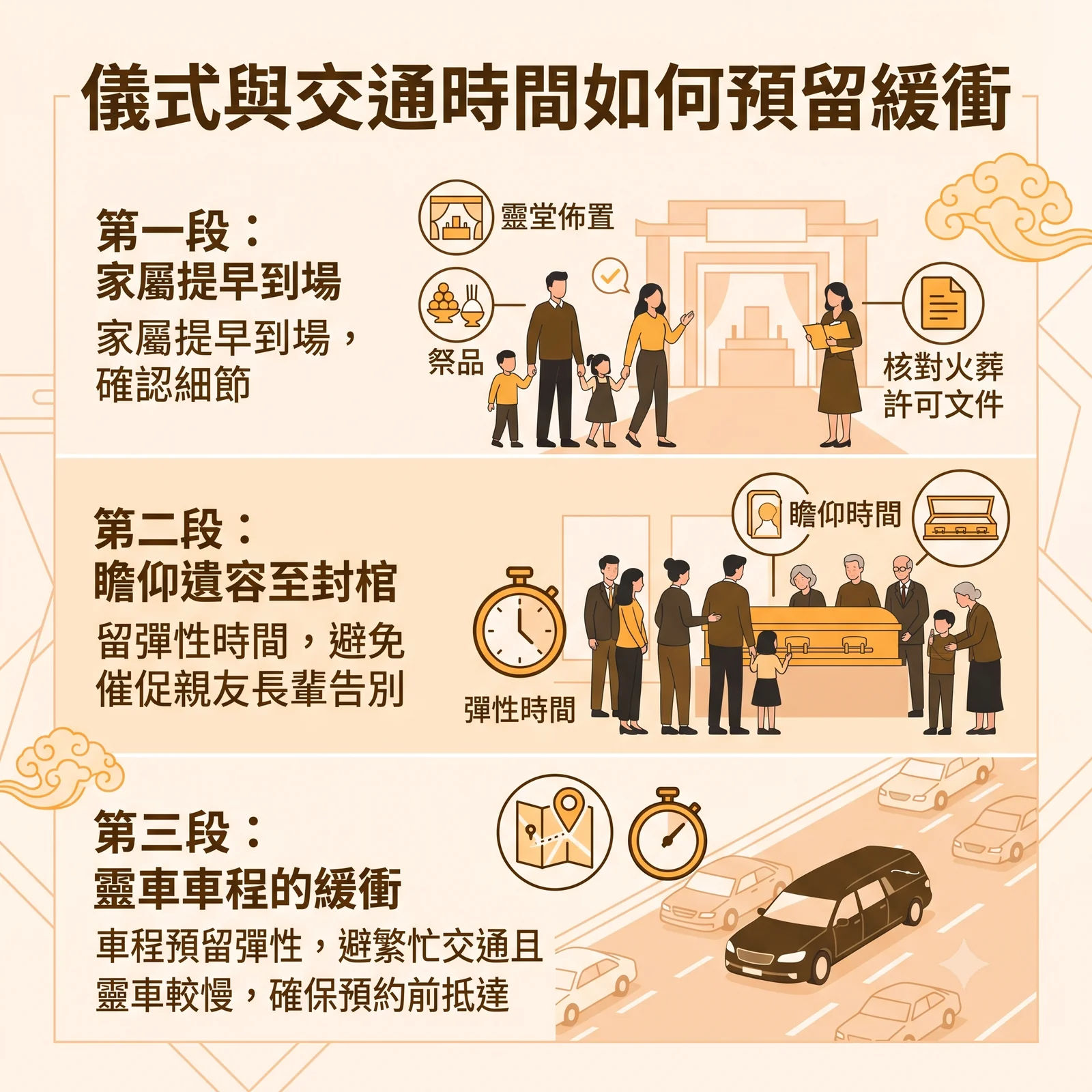 funeral-buffer-time-and-hearse-traffic-guide 喪禮儀式與交通時間預留緩衝指南懶人包,分為三階段:第一段「家屬提早到場」,用於確認靈堂佈置、祭品與核對火葬許可文件細節;第二段「瞻仰遺容至封棺」,預留彈性時間避免催促親友長輩告別;第三段「靈車車程緩衝」,考量交通繁忙與靈車車速較慢,車程預留彈性以確保於預約時間前抵達火葬場。