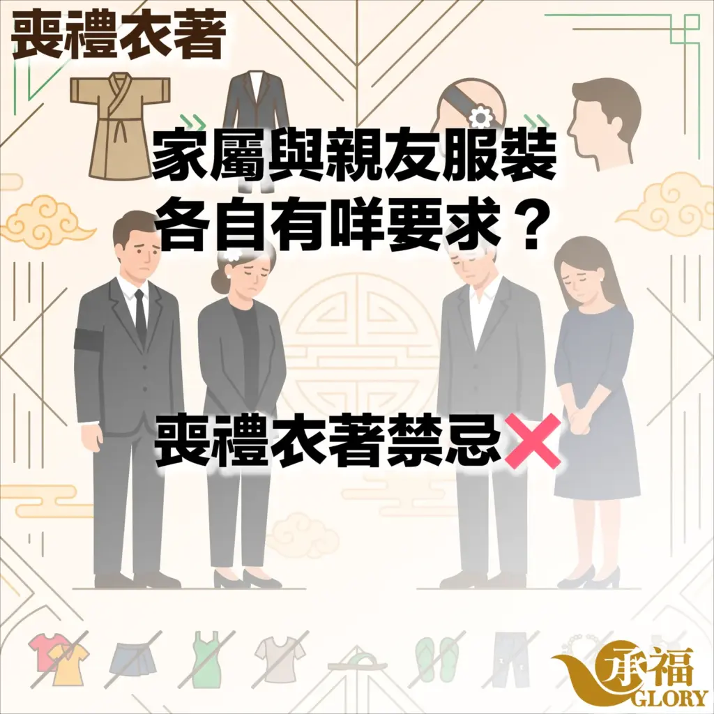 喪禮衣著穿搭指南與禁忌懶人包：主要分為「家屬與親友服裝要求」及「喪禮衣著禁忌」。圖中展示家屬與賓客應穿著黑、灰、深色等莊重素雅正裝；下方列出衣著禁忌圖標，包含避免鮮豔亮色、短裙短褲、無袖背心、涼鞋拖鞋及破洞牛仔褲等不合適穿著。