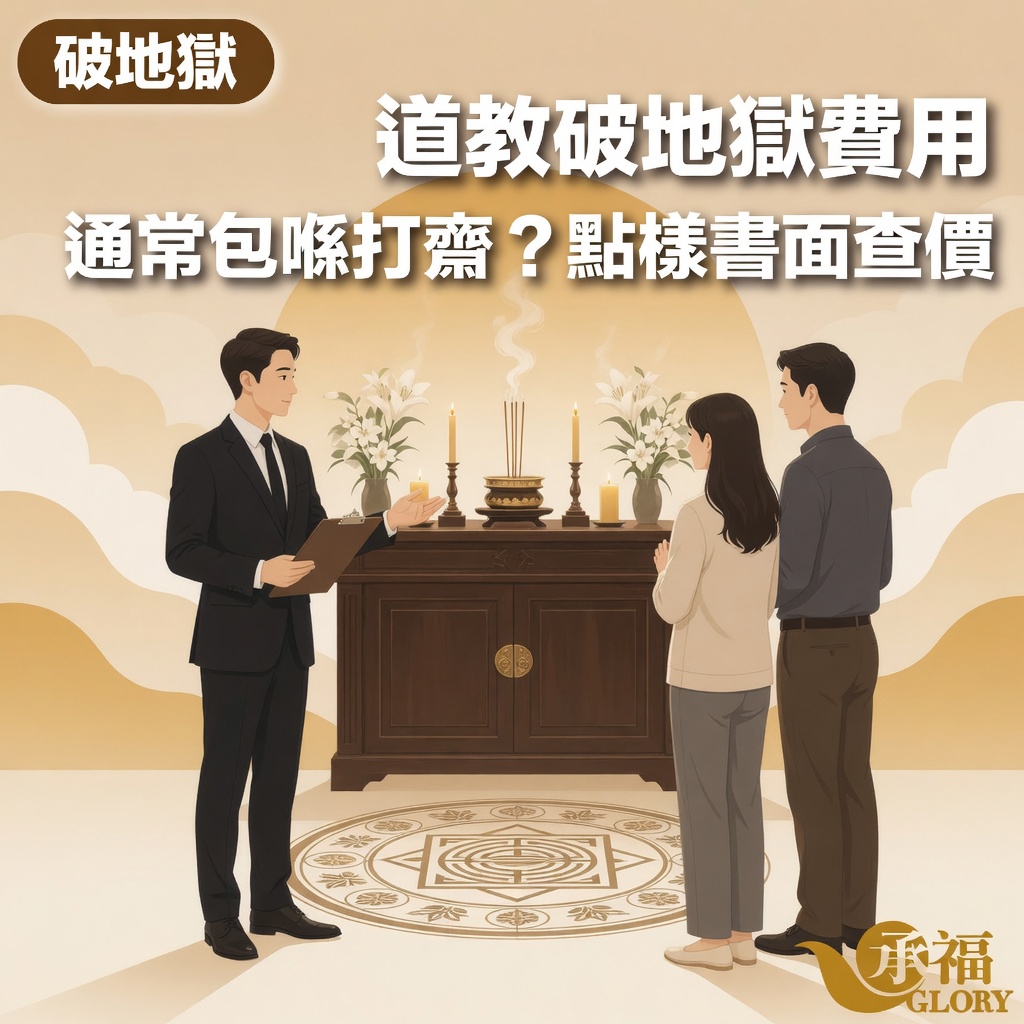 承福 GLORY 殯儀知識插畫：殯儀顧問向家屬講解道教破地獄費用；圖內文字為「破地獄」、「道教破地獄費用」、「通常包喺打齋？點樣書面查價」。