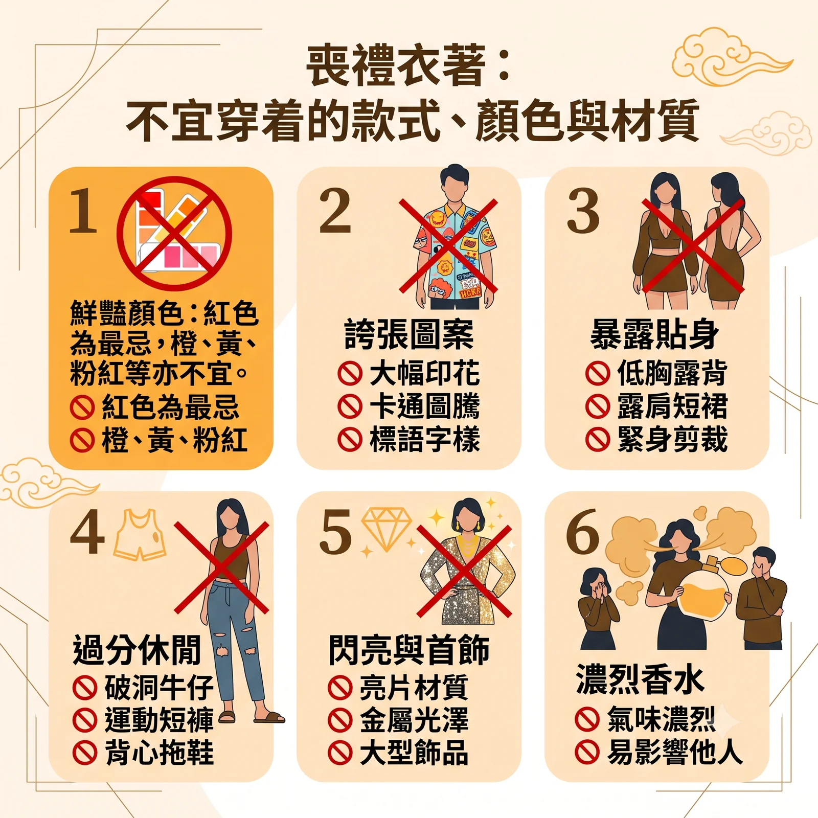 喪禮不宜穿著的款式、顏色與材質懶人包，列出6大穿搭禁忌：1. 鮮豔顏色（紅色為最忌，橙、黃、粉紅亦不宜）；2. 誇張圖案（大幅印花、卡通圖騰、標語字樣）；3. 暴露貼身（低胸露背、露肩短裙、緊身剪裁）；4. 過分休閒（破洞牛仔、運動短褲、背心拖鞋）；5. 閃亮與首飾（亮片材質、金屬光澤、大型飾品）；6. 濃烈香水（氣味濃烈，易影響他人）。