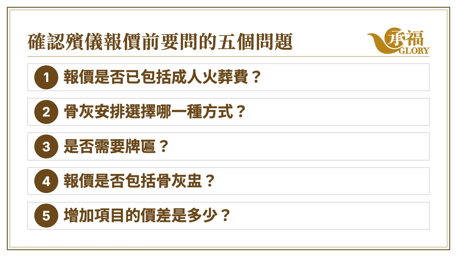 資訊圖：確認殯儀報價前要問的五個問題。一、報價是否已包括成人火葬費？二、骨灰安排選擇哪一種方式？三、是否需要牌匾？四、報價是否包括骨灰盅？五、增加項目的價差是多少？